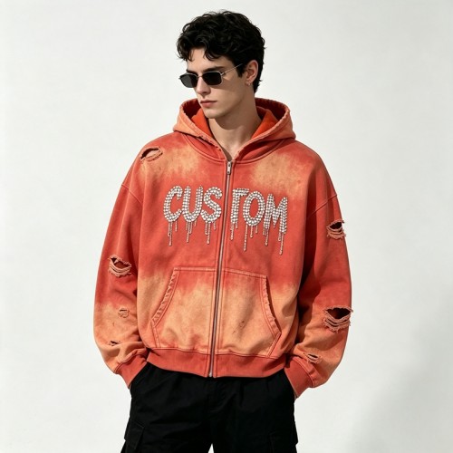 Acid Wash Spray Dye Rhinestone Distressed ripped Hoodie | Hip Hop Punk Fashion Streetwear | Streetwear Manufacturer