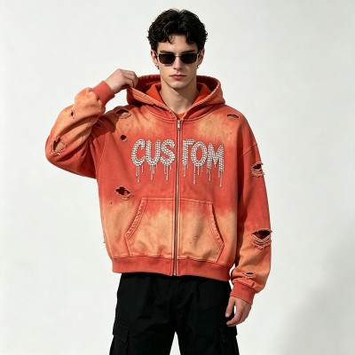 Acid Wash Spray Dye Rhinestone Distressed ripped Hoodie | Hip Hop Punk Fashion Streetwear | Streetwear Manufacturer