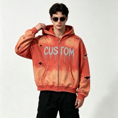 Acid Wash Spray Dye Rhinestone Distressed ripped Hoodie | Hip Hop Punk Fashion Streetwear | Streetwear Manufacturer