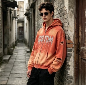 Acid Wash Spray Dye Rhinestone Distressed ripped Hoodie | Hip Hop Punk Fashion Streetwear | Streetwear Manufacturer