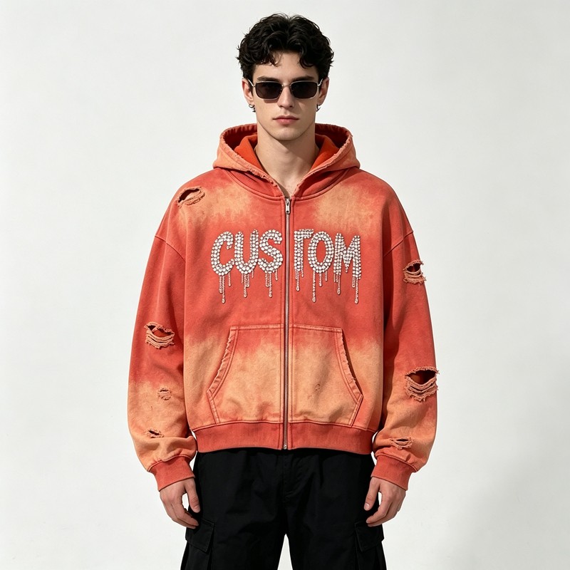 Acid Wash Spray Dye Rhinestone Distressed ripped Hoodie