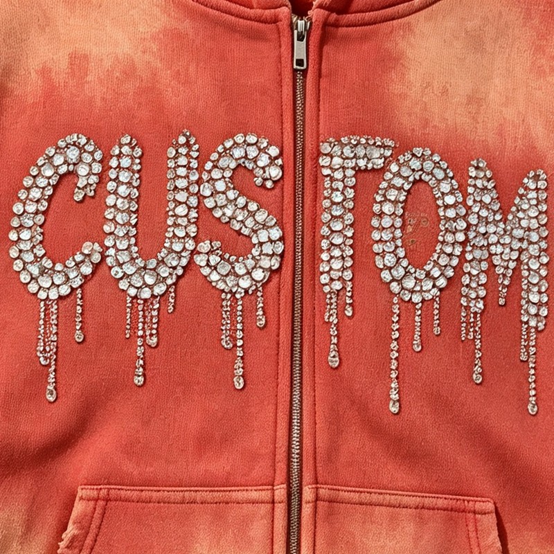 Acid Wash Spray Dye Rhinestone Distressed ripped Hoodie
