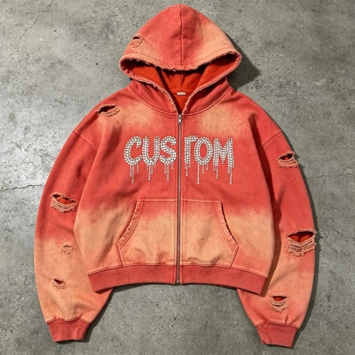 Acid Wash Spray Dye Rhinestone Distressed ripped Hoodie | Hip Hop Punk Fashion Streetwear | Streetwear Manufacturer