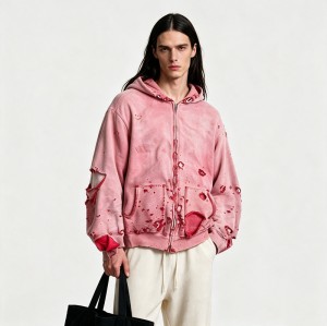 Distress Zip Up Hoodie Washed with All Over Ripped | Grunge punk street casual wear | OEM Streetwear
