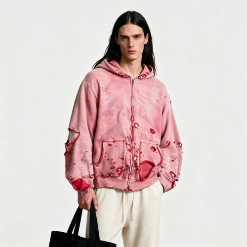 Distress Zip Up Hoodie Washed with All Over Ripped | Grunge punk street casual wear | OEM Streetwear
