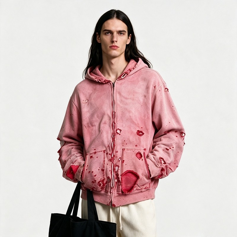 Distress Zip Up Hoodie Washed with All Over Ripped