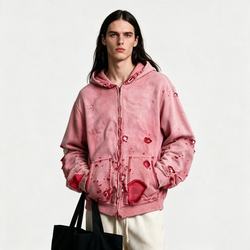 Distress Zip Up Hoodie Washed with All Over Ripped | Grunge punk street casual wear | OEM Streetwear