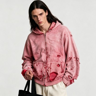 Distress Zip Up Hoodie Washed with All Over Ripped | Grunge punk street casual wear | OEM Streetwear