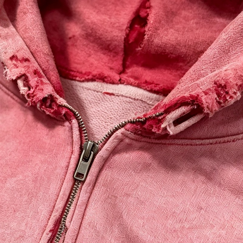 Distress Zip Up Hoodie Washed with All Over Ripped