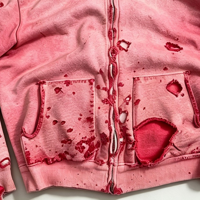 Distress Zip Up Hoodie Washed with All Over Ripped