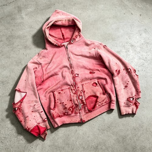 Distress Zip Up Hoodie Washed with All Over Ripped | Grunge punk street casual wear | OEM Streetwear