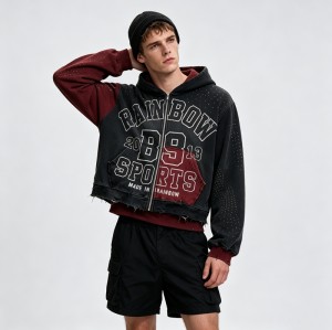 Distress Washed Color Block Cropped Zip Hoodie with Rhinestone Screen Print | Y2K street casual wear | Clothing Manufacturer