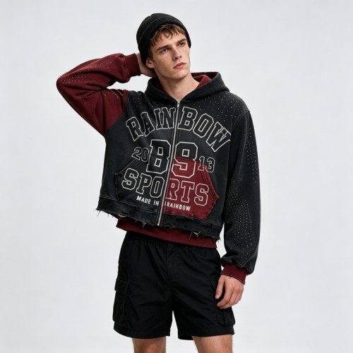 Distress Washed Color Block Cropped Zip Hoodie with Rhinestone Screen Print | Y2K street casual wear | Clothing Manufacturer