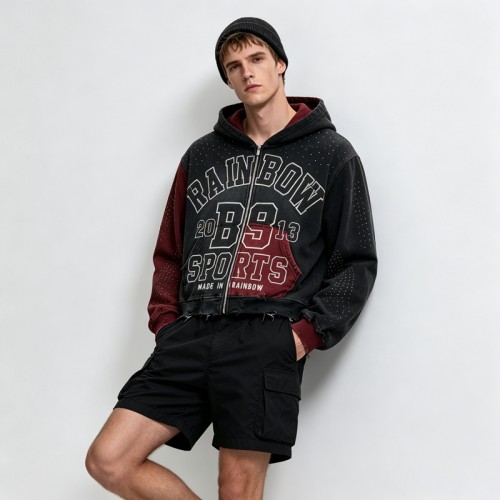 Distress Washed Color Block Cropped Zip Hoodie with Rhinestone Screen Print | Y2K street casual wear | Clothing Manufacturer