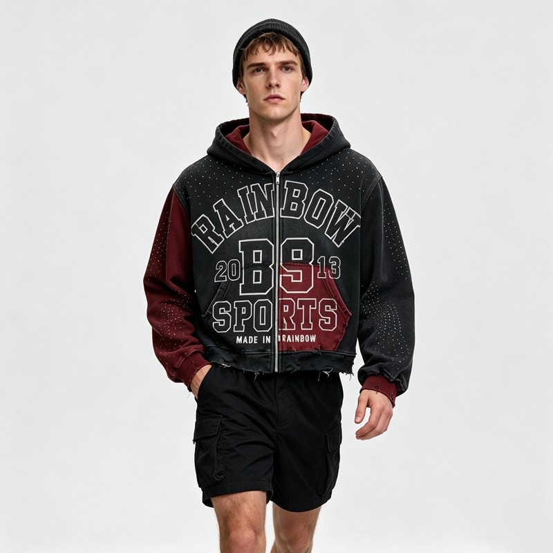 Distress Washed Color Block Cropped Zip Hoodie with Rhinestone Screen Print