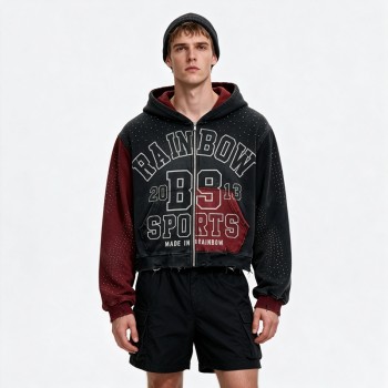 Distress Washed Color Block Cropped Zip Hoodie with Rhinestone Screen Print | Y2K street casual wear | Clothing Manufacturer