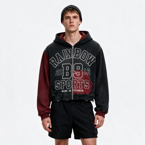 Distress Washed Color Block Cropped Zip Hoodie with Rhinestone Screen Print | Y2K street casual wear | Clothing Manufacturer