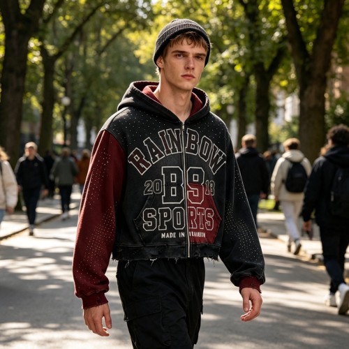 Distress Washed Color Block Cropped Zip Hoodie with Rhinestone Screen Print | Y2K street casual wear | Clothing Manufacturer