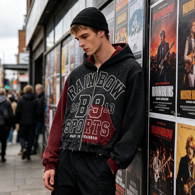 Distress Washed Color Block Cropped Zip Hoodie with Rhinestone Screen Print