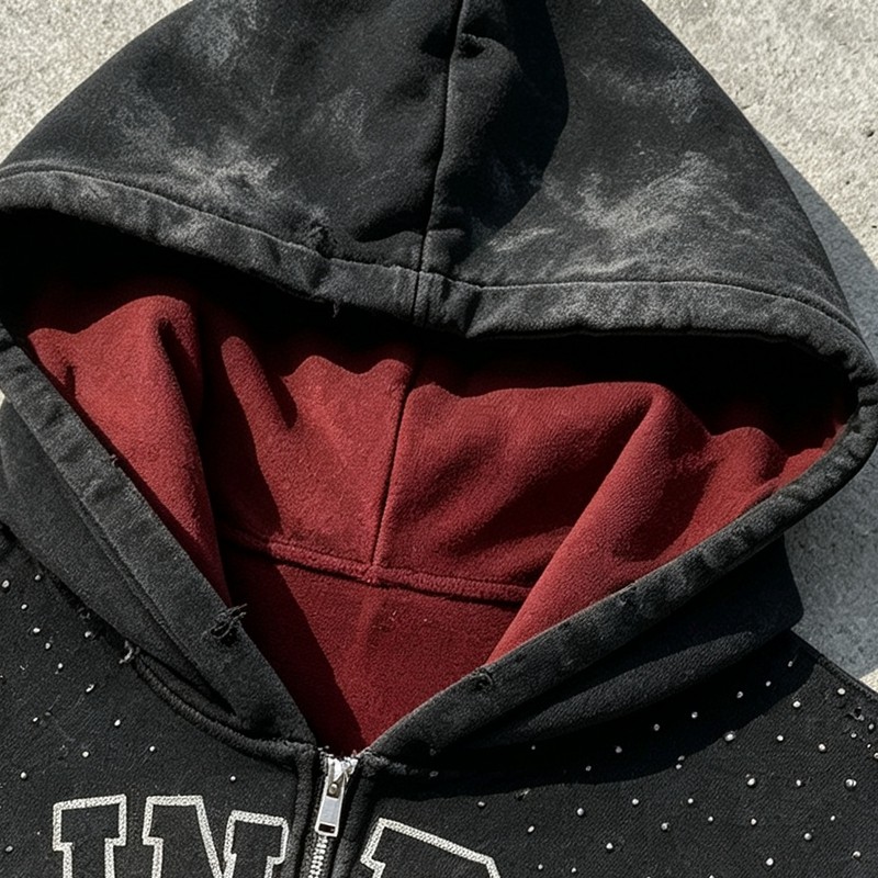 Distress Washed Color Block Cropped Zip Hoodie with Rhinestone Screen Print