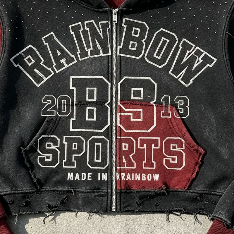 Distress Washed Color Block Cropped Zip Hoodie with Rhinestone Screen Print
