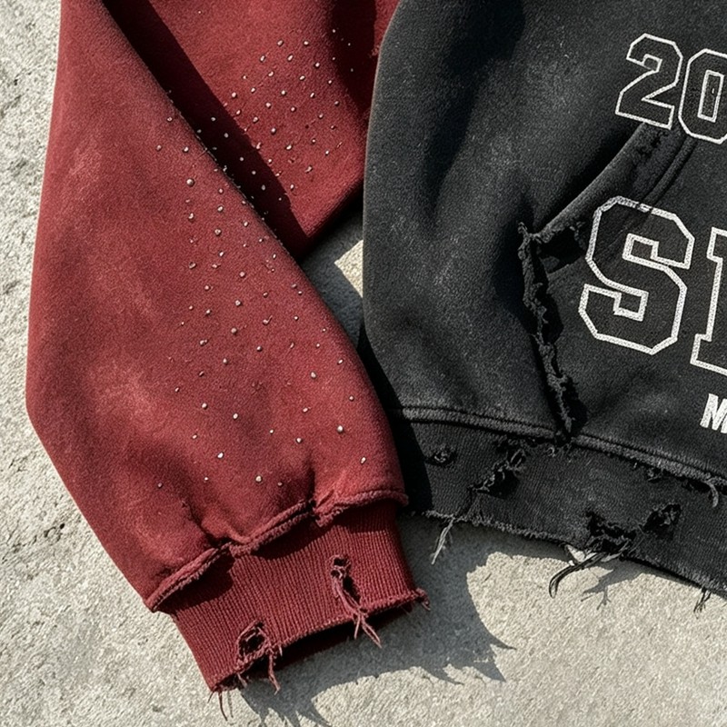 Distress Washed Color Block Cropped Zip Hoodie with Rhinestone Screen Print