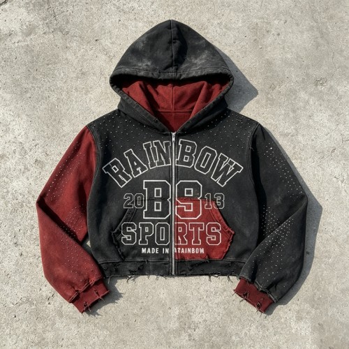 Distress Washed Color Block Cropped Zip Hoodie with Rhinestone Screen Print | Y2K street casual wear | Clothing Manufacturer
