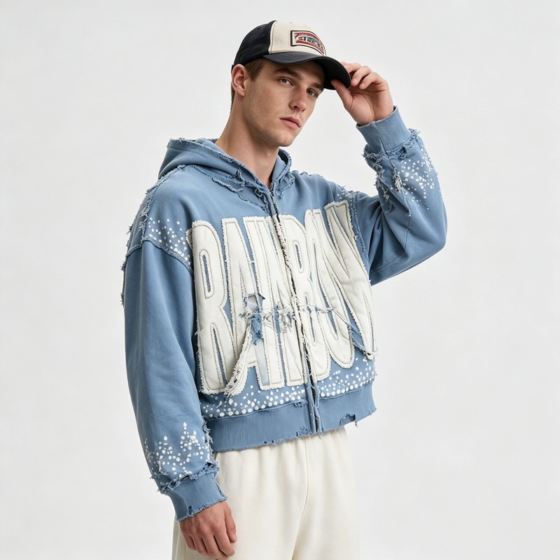 Distressed washed Applique Letter Graphic Hoodie