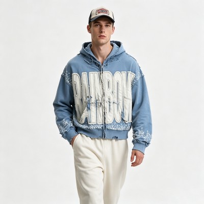 Distressed washed Applique Letter Graphic Hoodie | Y2K Grunge Streetwear Apparel | OEM Streetwear