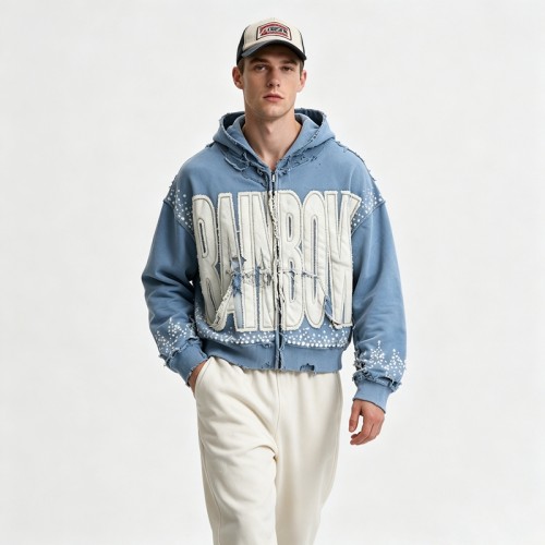 Distressed washed Applique Letter Graphic Hoodie | Y2K Grunge Streetwear Apparel | OEM Streetwear