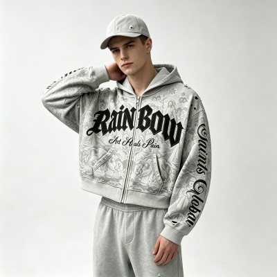 All Over DTG Print Gothic Screen Print Embroidery Distressed ripped Hoodie | Dark Gothic Streetwear | OEM Streetwear