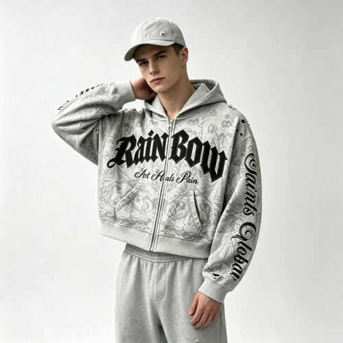 All Over DTG Print Gothic Screen Print Embroidery Distressed ripped Hoodie | Dark Gothic Streetwear | OEM Streetwear