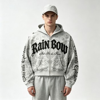 All Over DTG Print Gothic Screen Print Embroidery Distressed ripped Hoodie | Dark Gothic Streetwear | OEM Streetwear