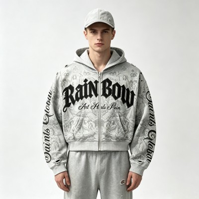 All Over DTG Print Gothic Screen Print Embroidery Distressed ripped Hoodie | Dark Gothic Streetwear | OEM Streetwear