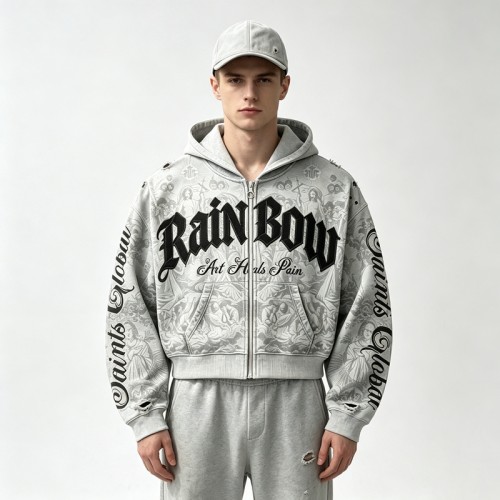 All Over DTG Print Gothic Screen Print Embroidery Distressed ripped Hoodie | Dark Gothic Streetwear | OEM Streetwear