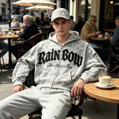 All Over DTG Print Gothic Screen Print Embroidery Distressed ripped Hoodie | Dark Gothic Streetwear | OEM Streetwear