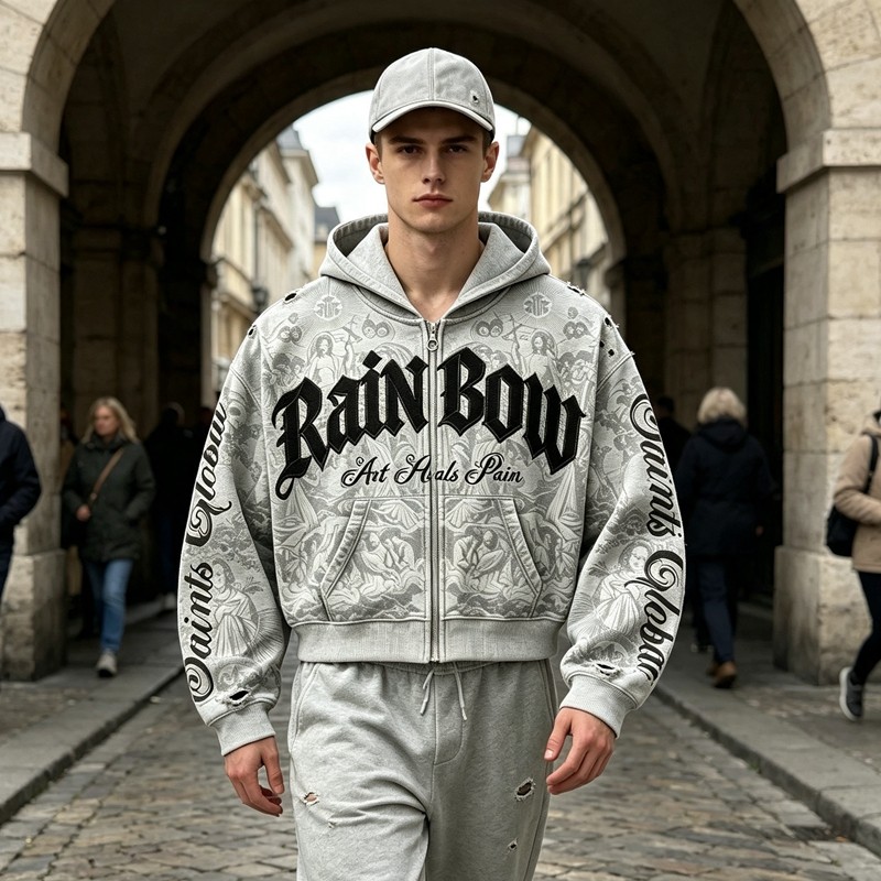 All Over DTG Print Gothic Screen Print Embroidery Distressed ripped Hoodie