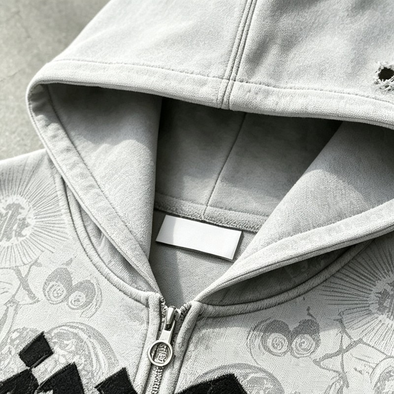 All Over DTG Print Gothic Screen Print Embroidery Distressed ripped Hoodie