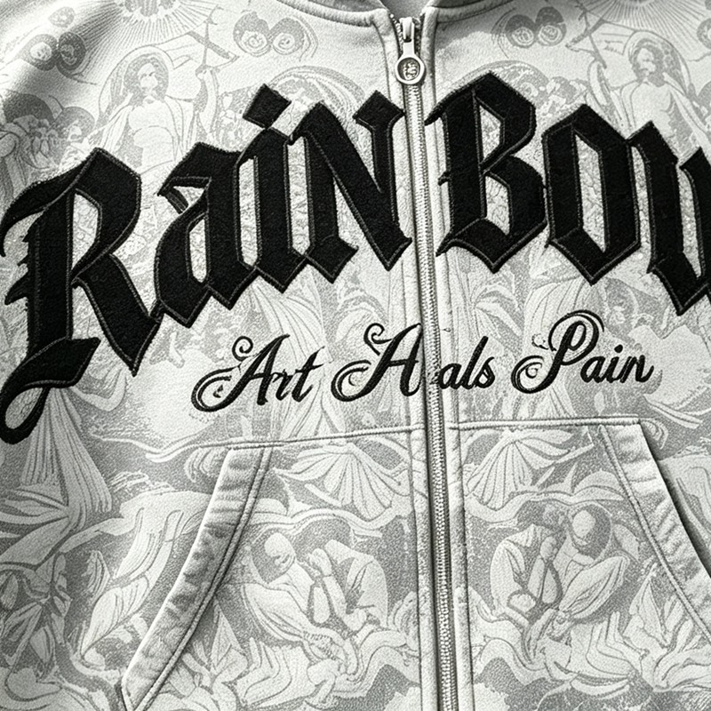 All Over DTG Print Gothic Screen Print Embroidery Distressed ripped Hoodie