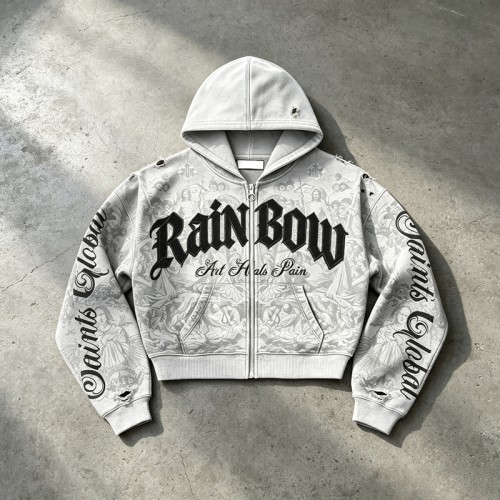 All Over DTG Print Gothic Screen Print Embroidery Distressed ripped Hoodie | Dark Gothic Streetwear | OEM Streetwear