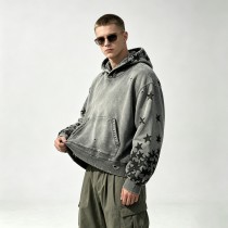 Distressed Ripped Hoodie Vintage Washed Star Applique | Oversized fit | Grunge street casual outfit | OEM Streetwear