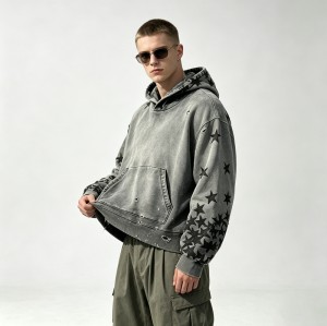 Distressed Ripped Hoodie Vintage Washed Star Applique | Oversized fit | Grunge street casual outfit | OEM Streetwear