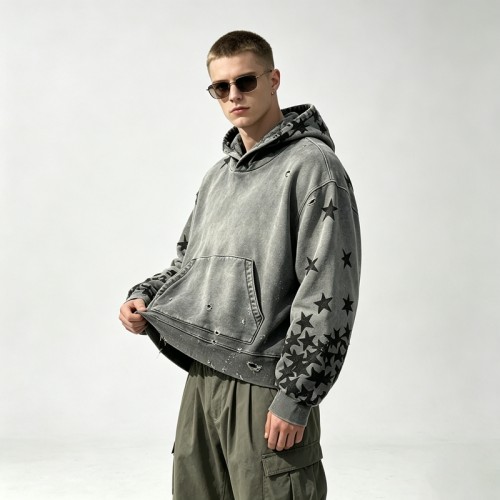 Distressed Ripped Hoodie Vintage Washed Star Applique | Oversized fit | Grunge street casual outfit | OEM Streetwear