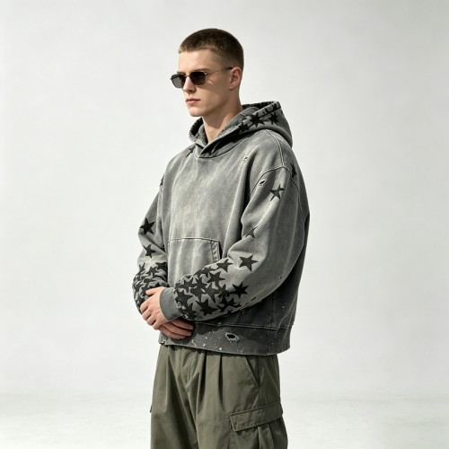 Distressed Ripped Hoodie Vintage Washed Star Applique | Oversized fit | Grunge street casual outfit | OEM Streetwear