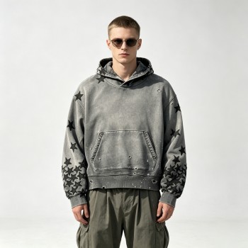 Distressed Ripped Hoodie Vintage Washed Star Applique | Oversized fit | Grunge street casual outfit | OEM Streetwear
