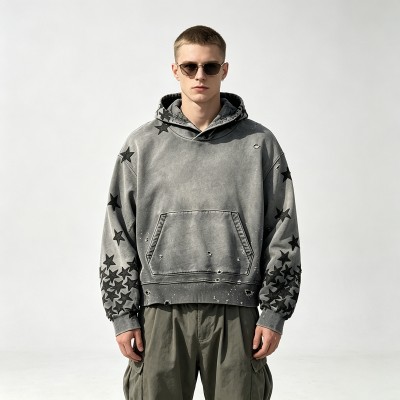 Distressed Ripped Hoodie Vintage Washed Star Applique | Oversized fit | Grunge street casual outfit | OEM Streetwear