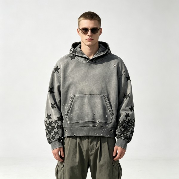 Distressed Ripped Hoodie Vintage Washed Star Applique | Oversized fit | Grunge street casual outfit | OEM Streetwear