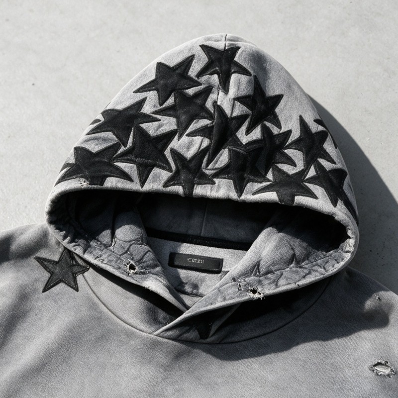 Distressed Ripped Hoodie Vintage Washed Star Applique