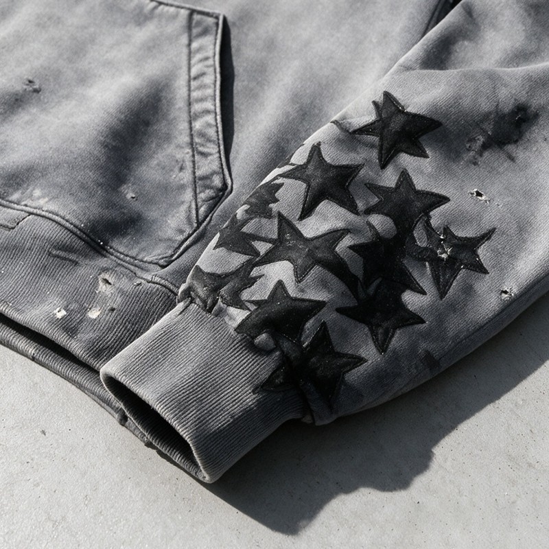 Distressed Ripped Hoodie Vintage Washed Star Applique