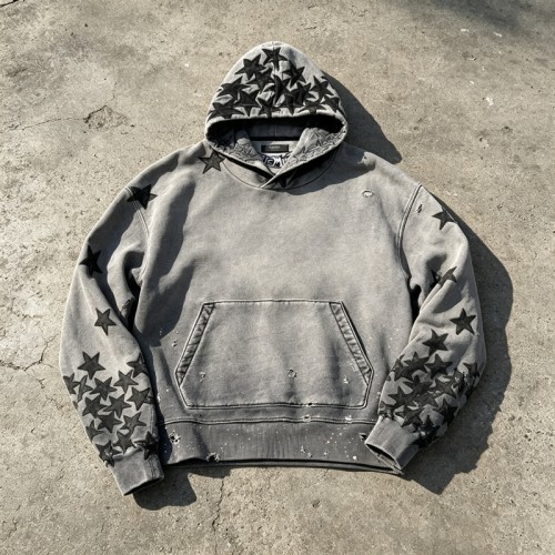 Distressed Ripped Hoodie Vintage Washed Star Applique | Oversized fit | Grunge street casual outfit | OEM Streetwear